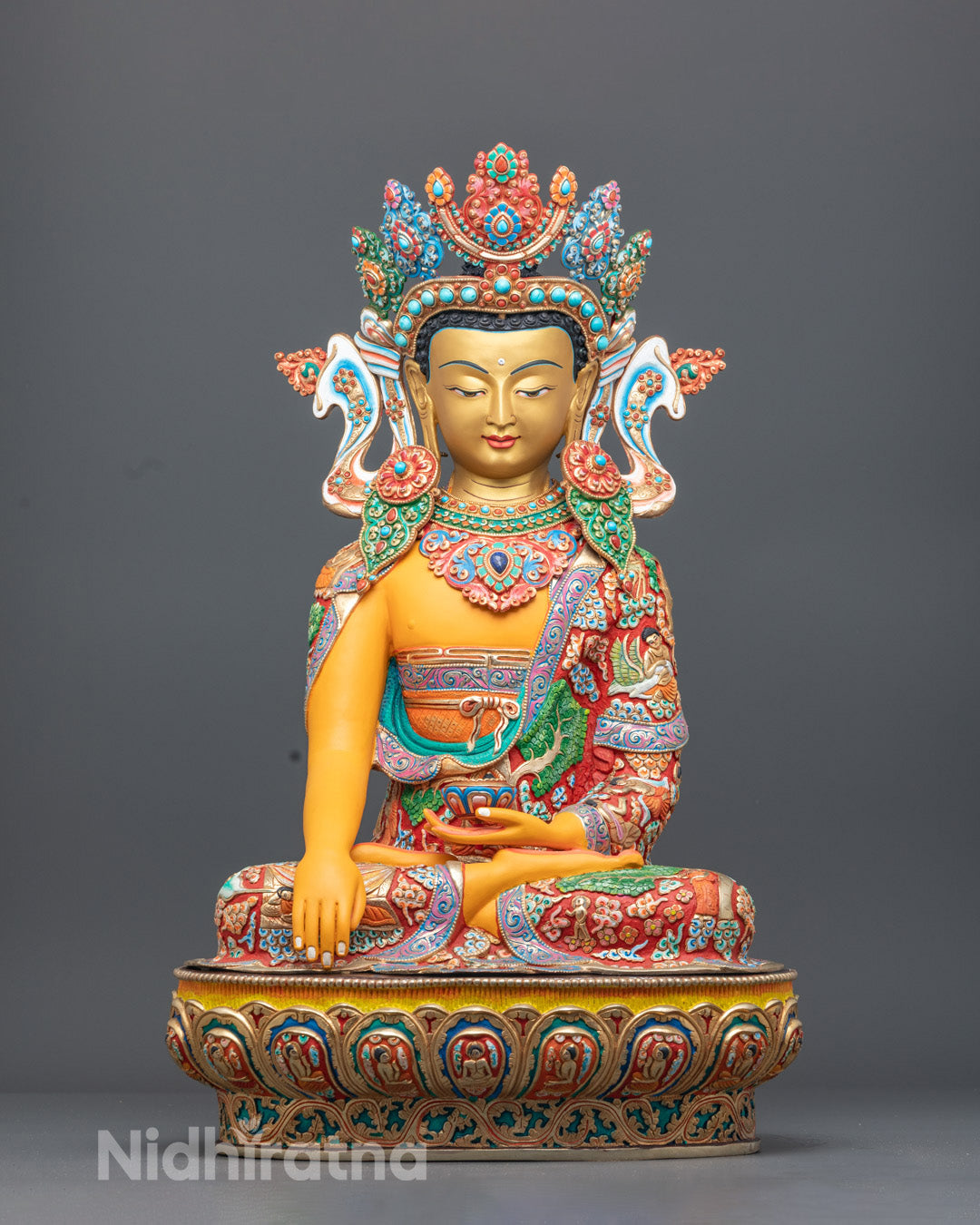 Jowo Rinpoche Shakyamuni Buddha Statue showcasing hand-carved 24k fire-gilded gold details on copper with serene facial expression.