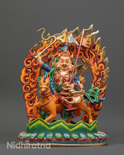 Front view of King Gesar statue riding horse in warrior form on copper base with colors