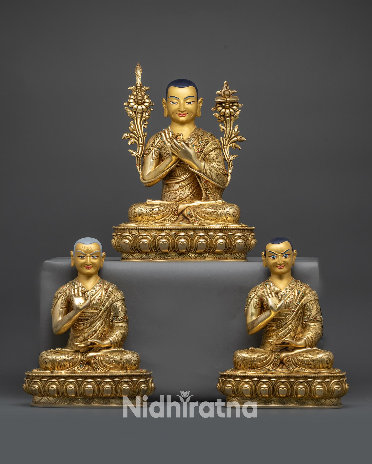 Front view of Lama Je Tsongkhapa Set handcrafted in Nepal with gold fire-gilded detail