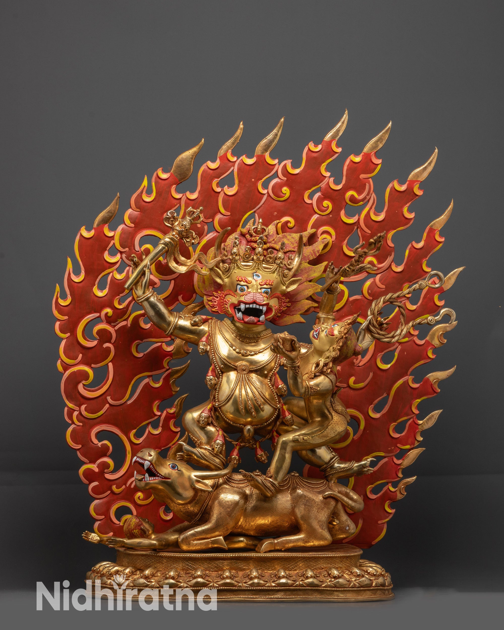 28-inch Gold-Gilded Life-Size Yamantaka with Consort Statue, handmade in Nepal.