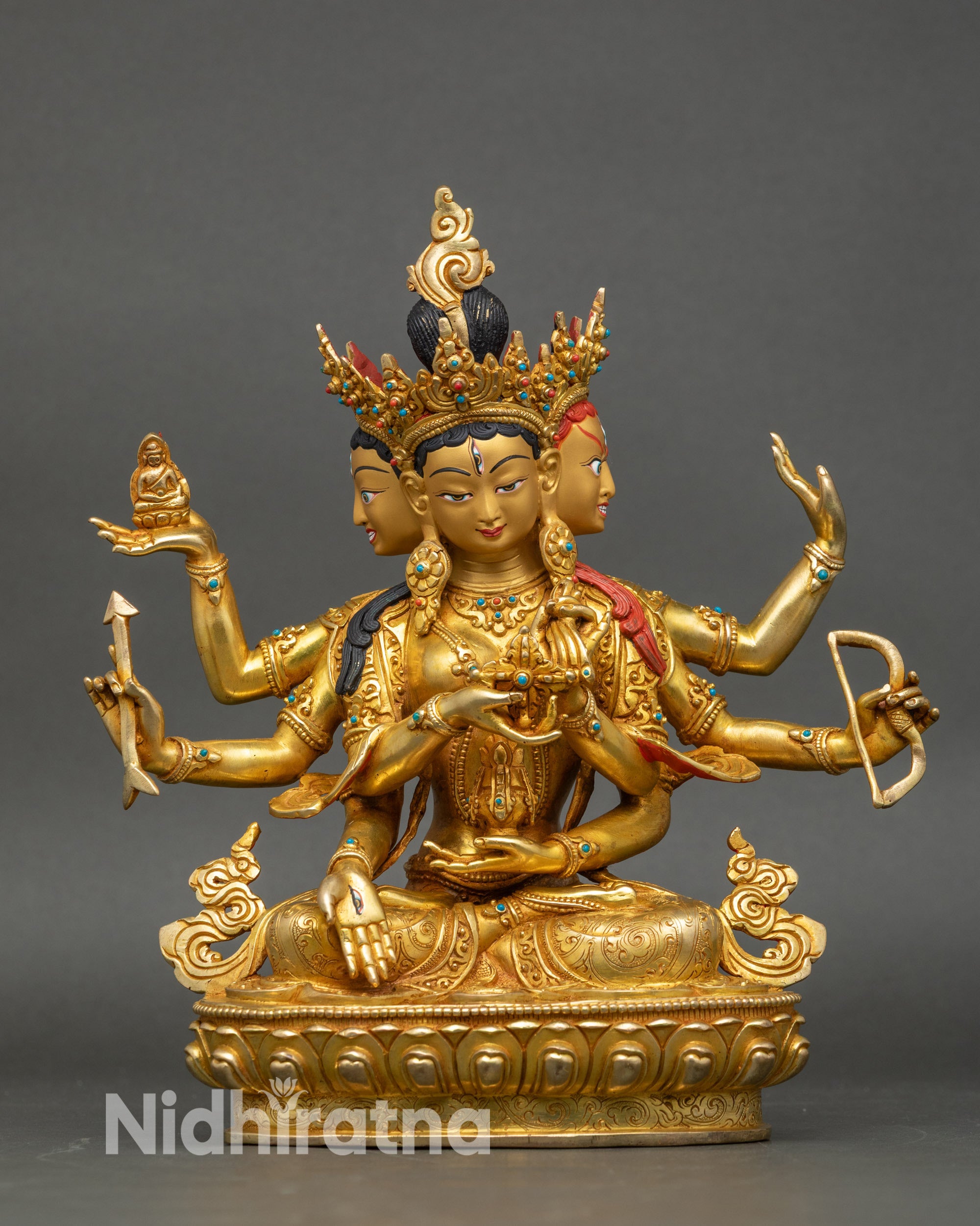 Front view of Long Life Namgyalma Statue, copper with gold fire-gilding and 3D carvings