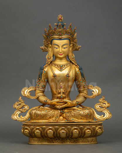 Front view of Longevity Amitayus Statue, copper with gold fire-gilding and stones