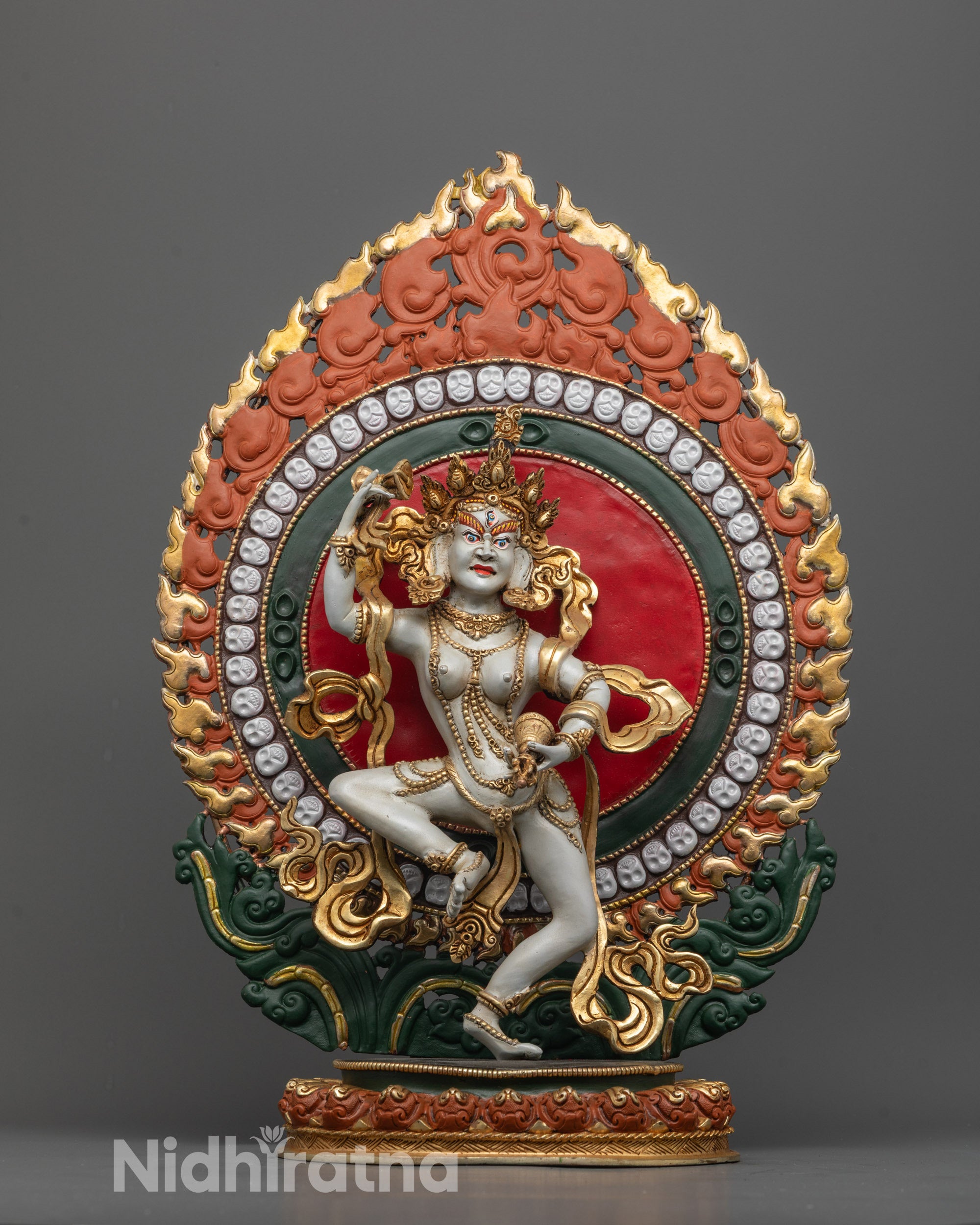 Front view of Machig Labdron Idol on gold-plated lotus seat with semi-wrathful expression