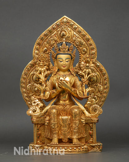 Front view of Maitreya Buddha statue, copper with 24K gold fire-gilding on lion throne