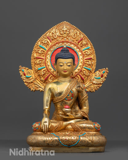 Front view of Majestic Buddha Shakyamuni Statue with gold-gilded face on copper base