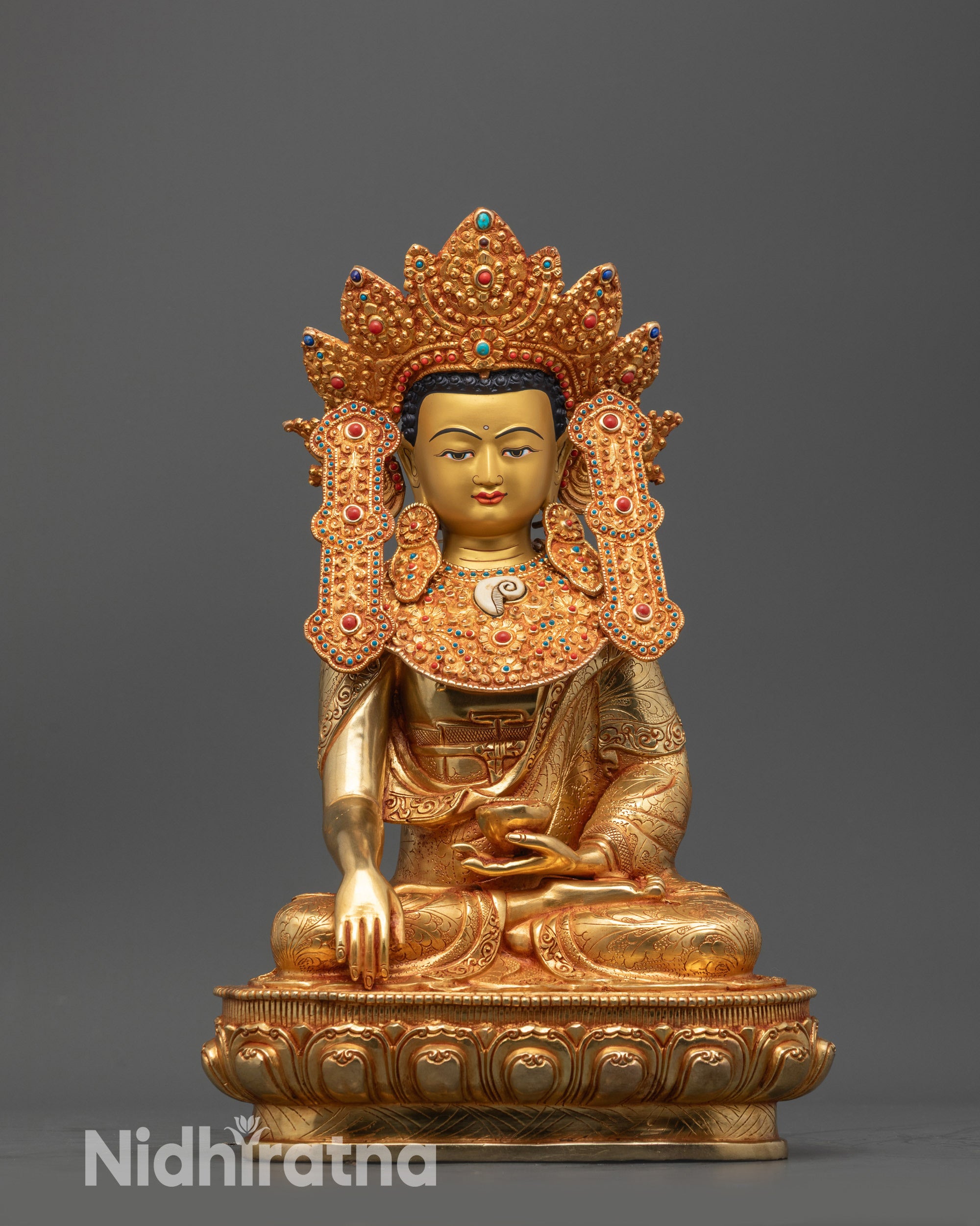 Front view of Majestic Jowo Shakyamuni Buddha statue seated on lotus, Nepalese Buddhist art