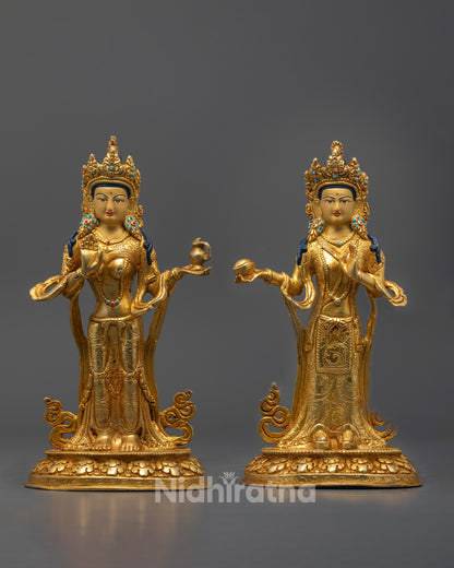 Front view of Mandarava and Yeshe Tsogyal Statues seated in lotus posture with detailed ornaments

