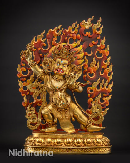 Front view of Masterpiece Chana Dorje Vajrapani Statue showing gold-gilded face
