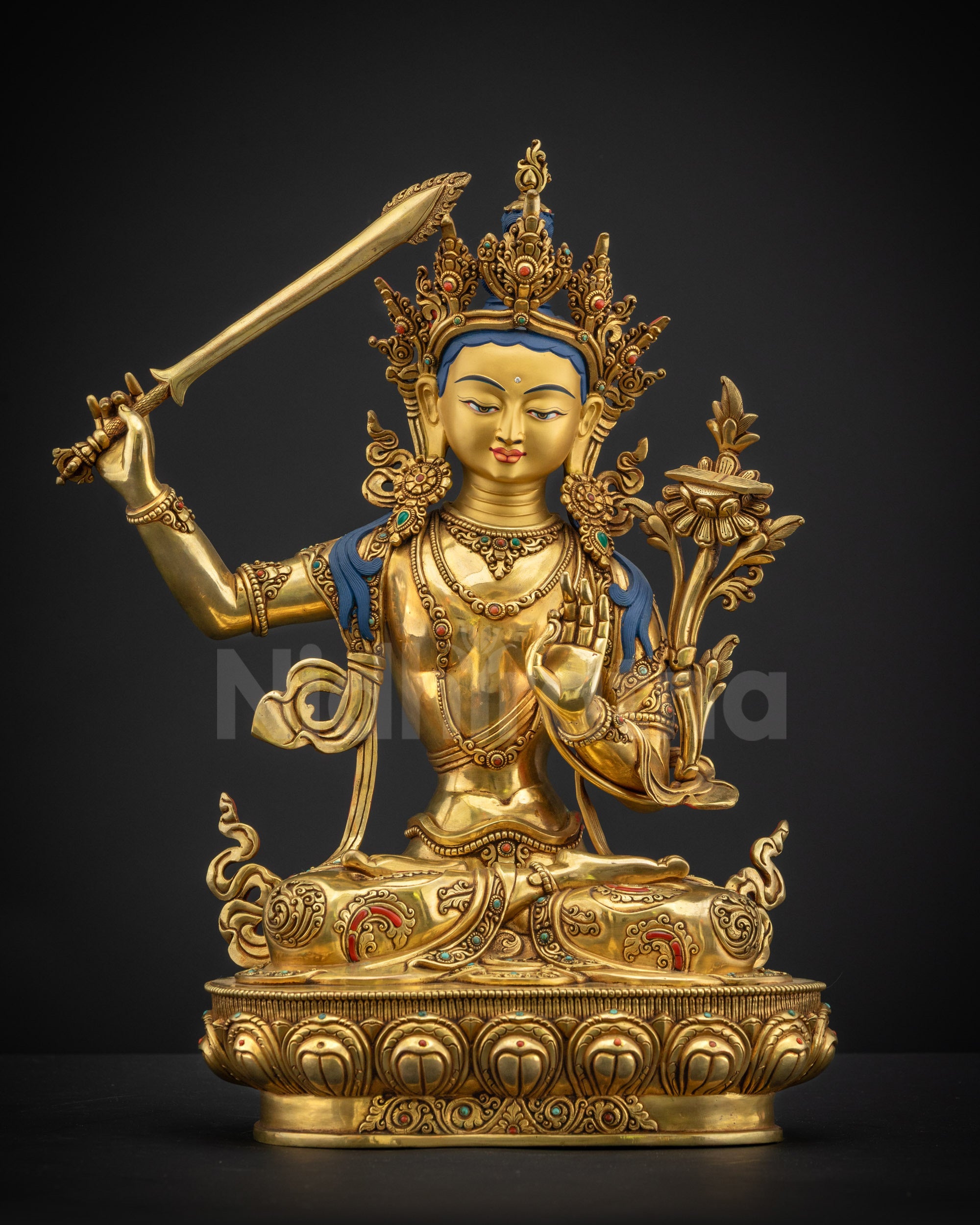 Front view of Masterpiece Manjushri Meditation Sculpture in Abhaya Mudra