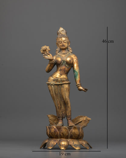 Front view of Mayadevi statue on lotus base with 24k gold gilded copper finish