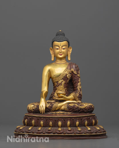 Front view of Meditating Shakyamuni Buddha statue with gold-gilded face and fire-gilded body
