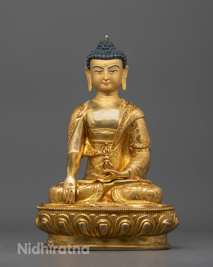 Front view of Mitrugpa Buddha Statue hand-carved in copper