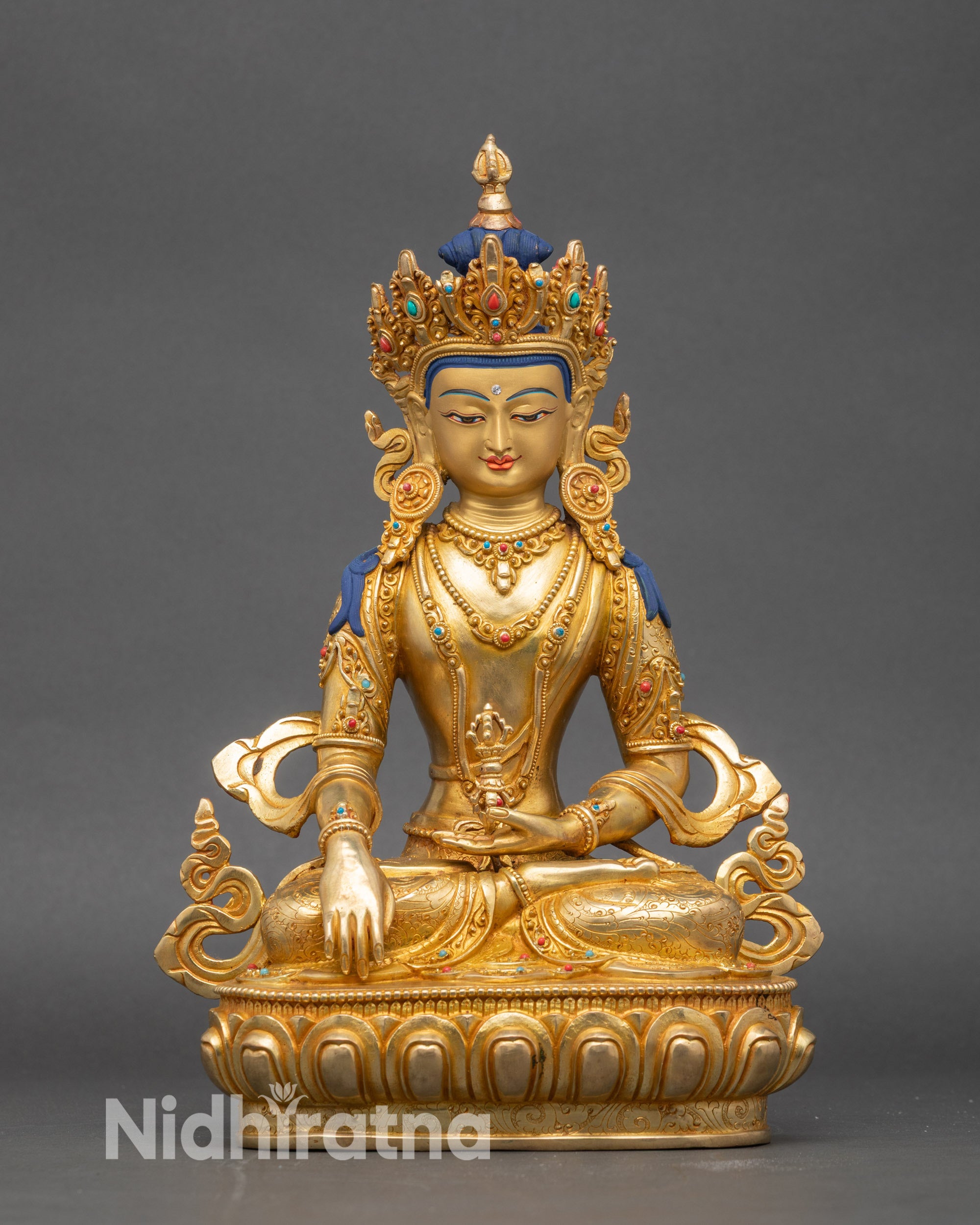 Front view of Mitrugpa statue, handcrafted Nepalese copper Buddhist artwork