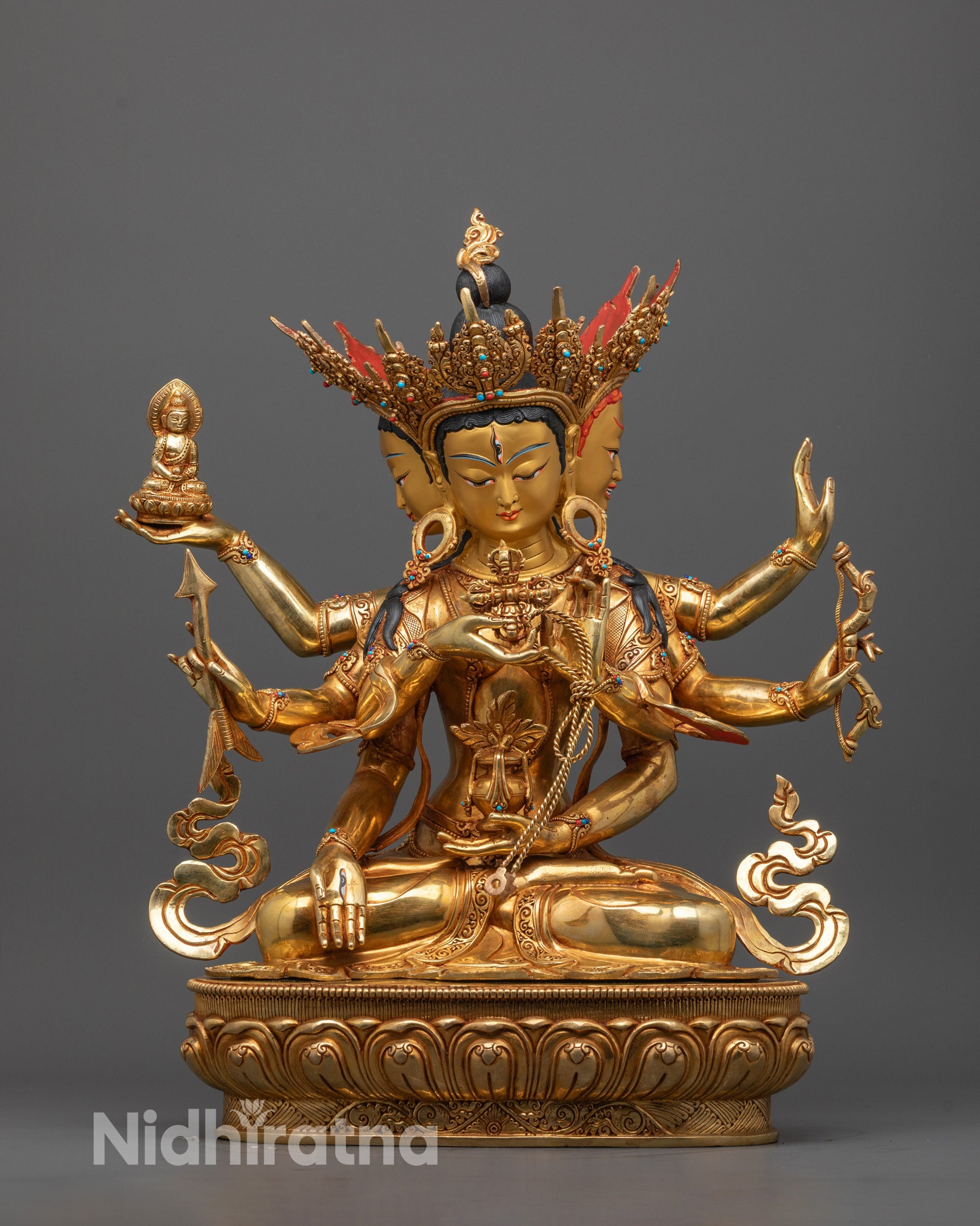 Front view of Namgyalma Statue with 24K gold face and sacred symbols