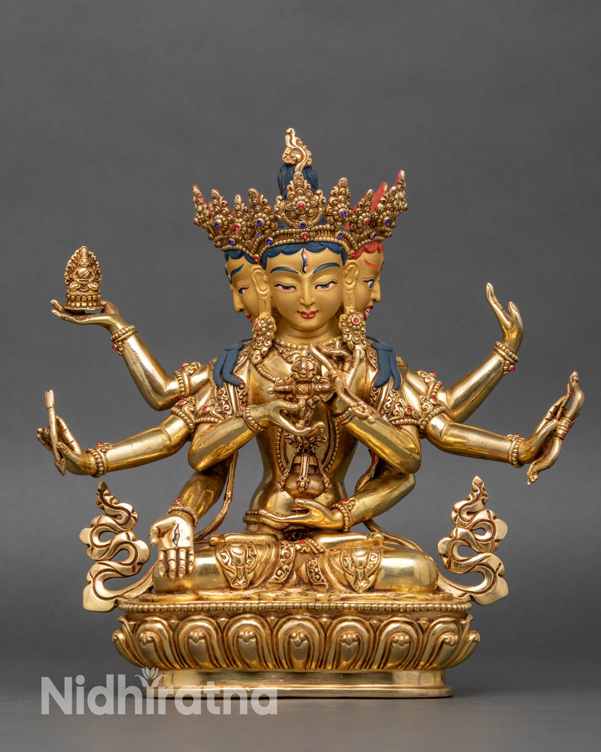 Front view of Namgyalma statue for longevity, gold fire-gilded Nepalese copper sculpture