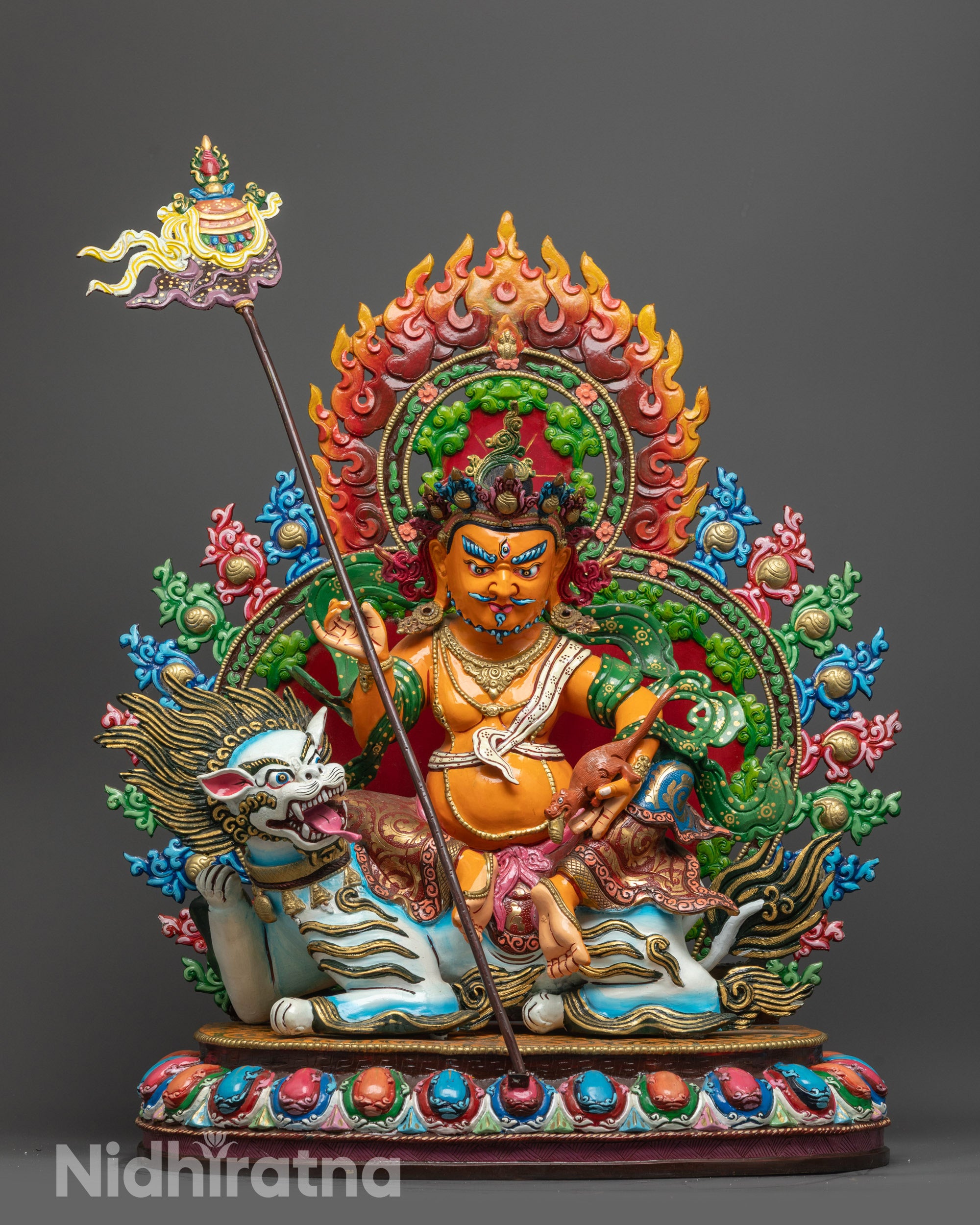 Front view of Namtoshe Statue on snow lion with Gyeltsen Banner and jewel-spilling mongoose