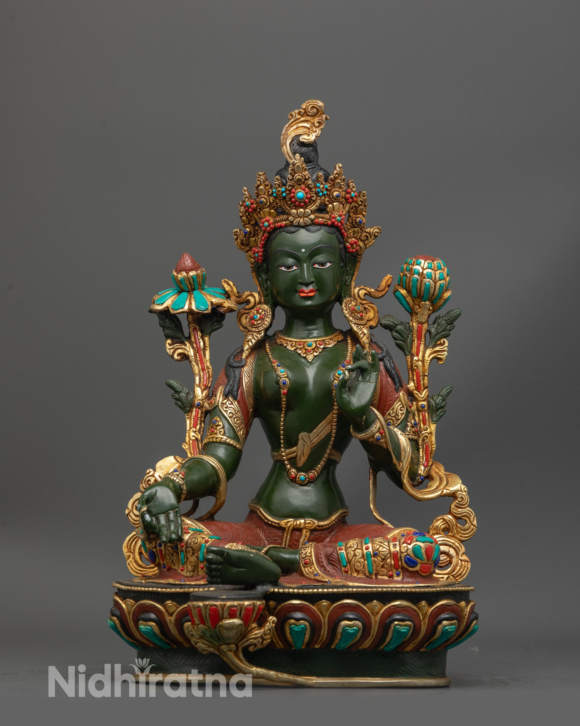 Front view of Nepalese Arya Tara Statue with green body and gold-plated details