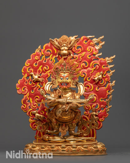 Front view of Nepalese Sakya Mahakala Statue with gold-gilded face on lotus seat
