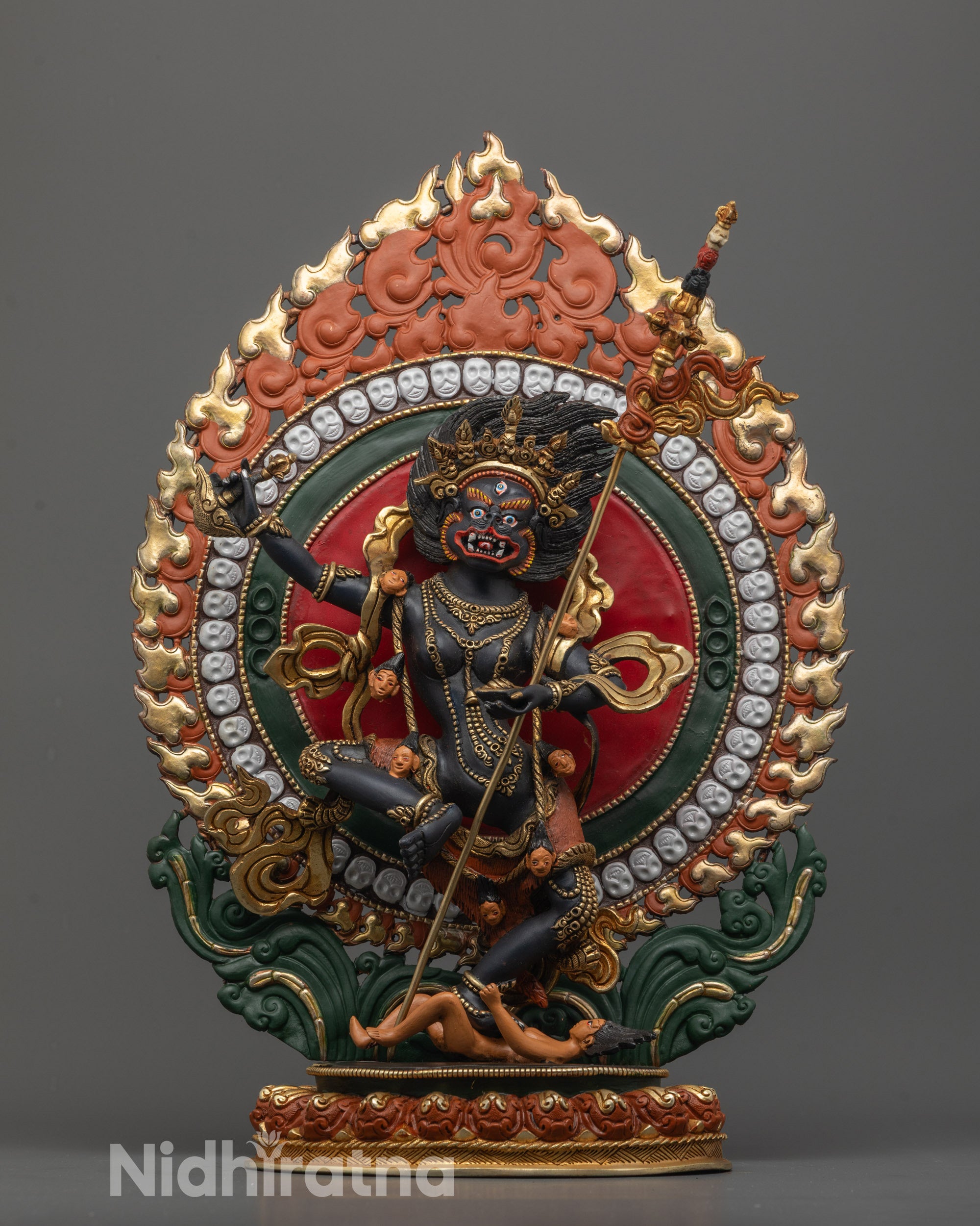 Front view of Nepalese hand-carved Singha Mukha Statue with black acrylic body
