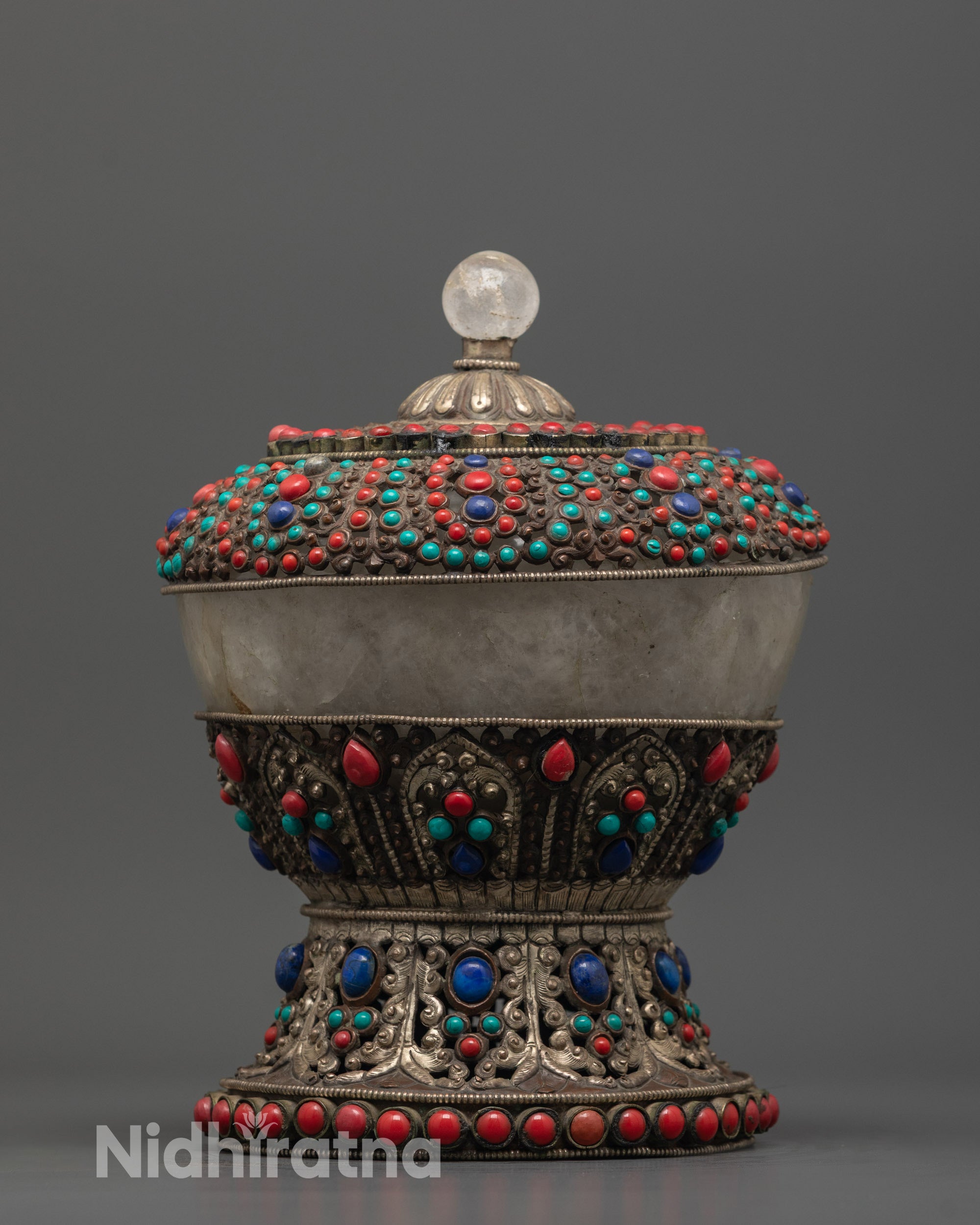 Front view of Nepali Dhupur Rice Pot with crystal stone and silver-plated filigree design