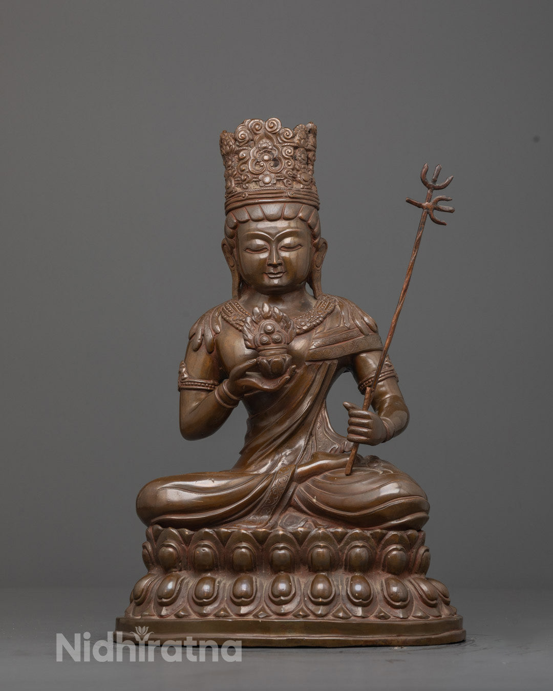 Front view of Oxidized Akashagarbha Bodhisattva statue with intricate lotus base details