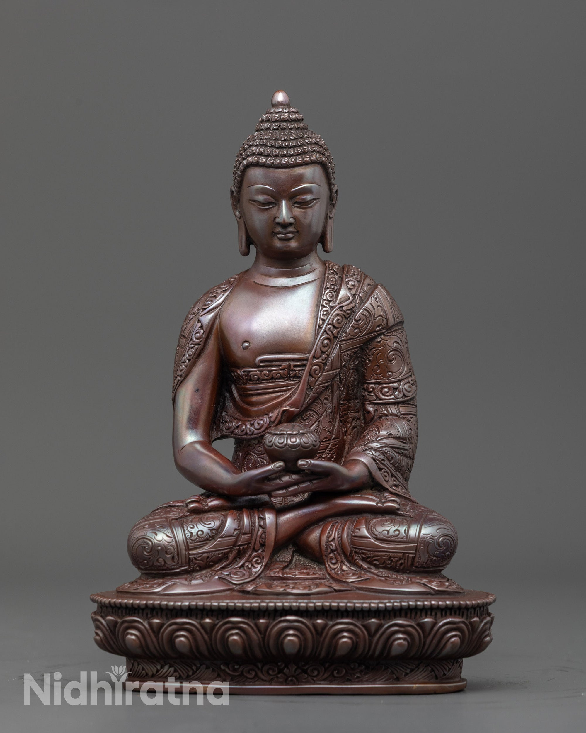 Front view of Oxidized Amitabha Buddha Statue with dark copper finish and lotus seat
