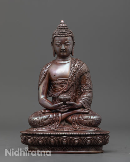 Front view of Oxidized Amitabha Buddha Statue with dark copper finish and lotus seat
