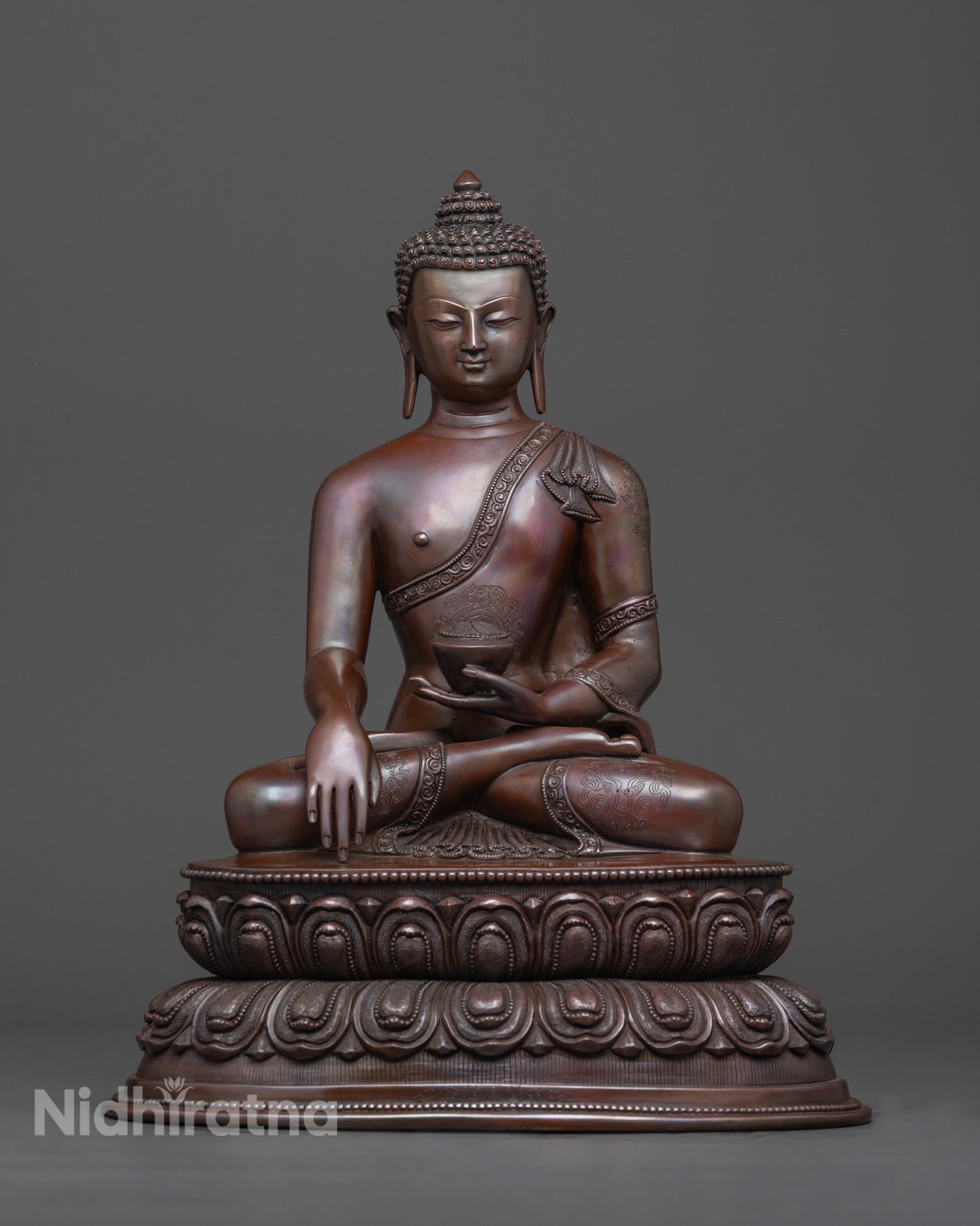 Front view of Oxidized Copper Shakyamuni Buddha Statue on lotus throne