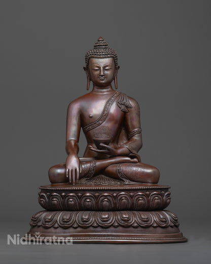 Front view of Oxidized Copper Shakyamuni Buddha Statue on lotus throne
