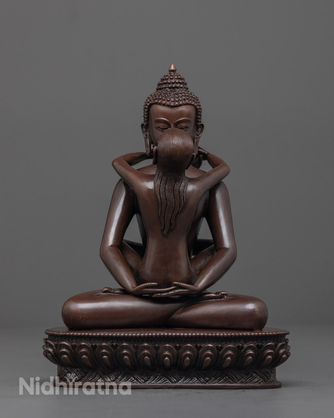 Front view of Oxidized Jambhala Statue with Consort on lotus base, hand-painted details