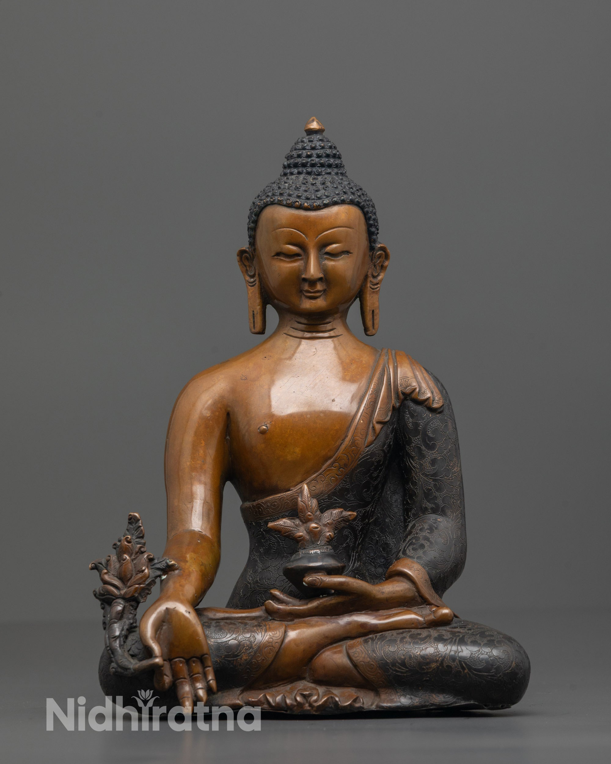 Front view of Oxidized Medicine Buddha Statue holding myrobalan bowl and plant
