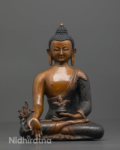 Front view of Oxidized Medicine Buddha Statue holding myrobalan bowl and plant
