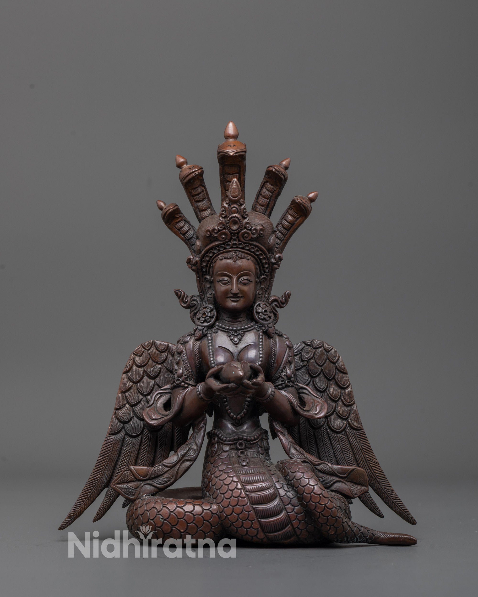 Front view of Oxidized Nagakanya Statue showing half-human form and five-headed cobra