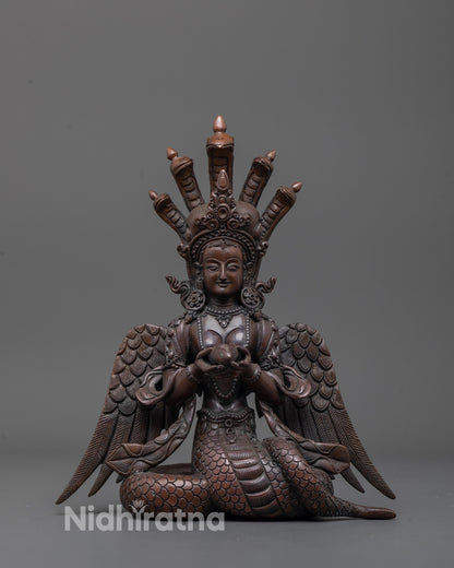 Front view of Oxidized Nagakanya Statue showing half-human form and five-headed cobra