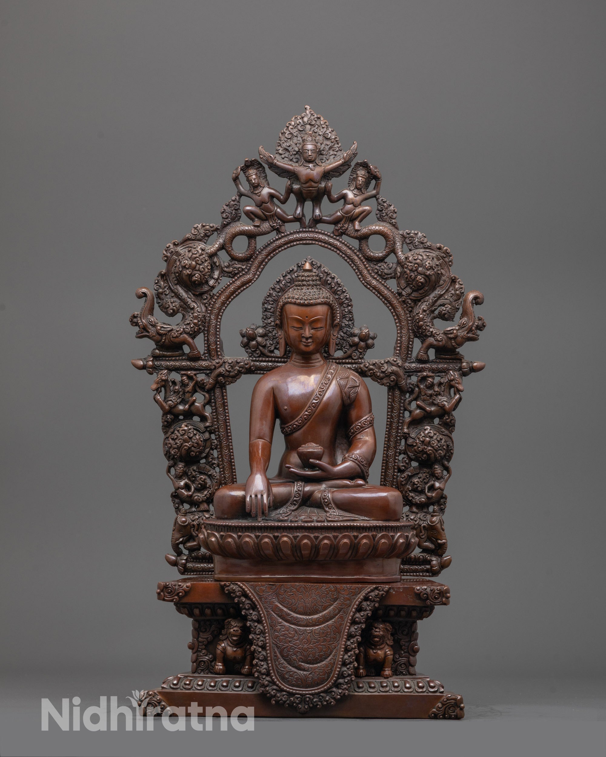 Front view of Oxidized Shakyamuni Buddha Statue seated in Bhumisparsha Mudra