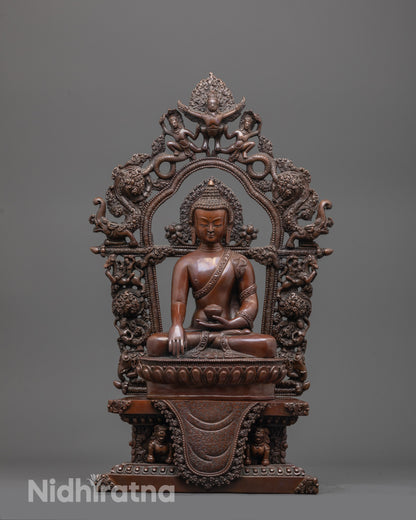 Front view of Oxidized Shakyamuni Buddha Statue seated in Bhumisparsha Mudra