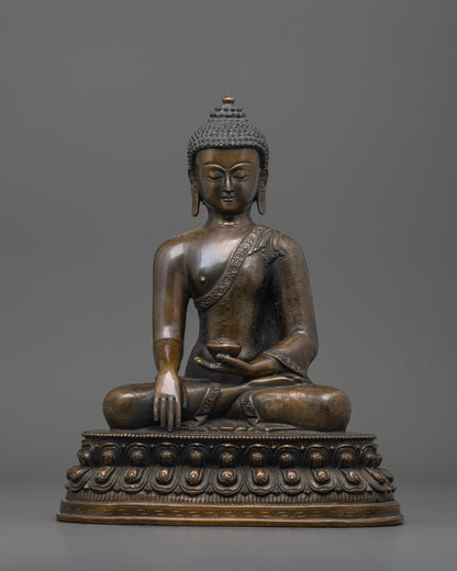 Front view of Oxidized Shakyamuni Buddha Statue showing detailed monk robe and bowl