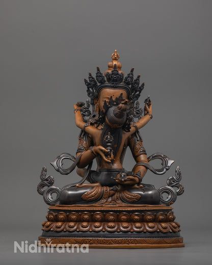 Front view of Oxidized Vajrasattva Union Statue with intricate carvings and two copper shades