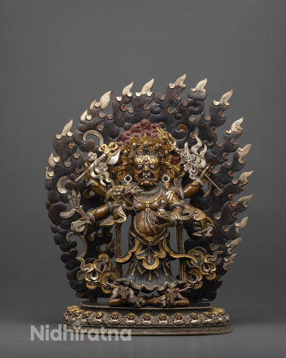 Front view of Oxidized White Mahakala Statue with silver and gold crown and vajra and bell