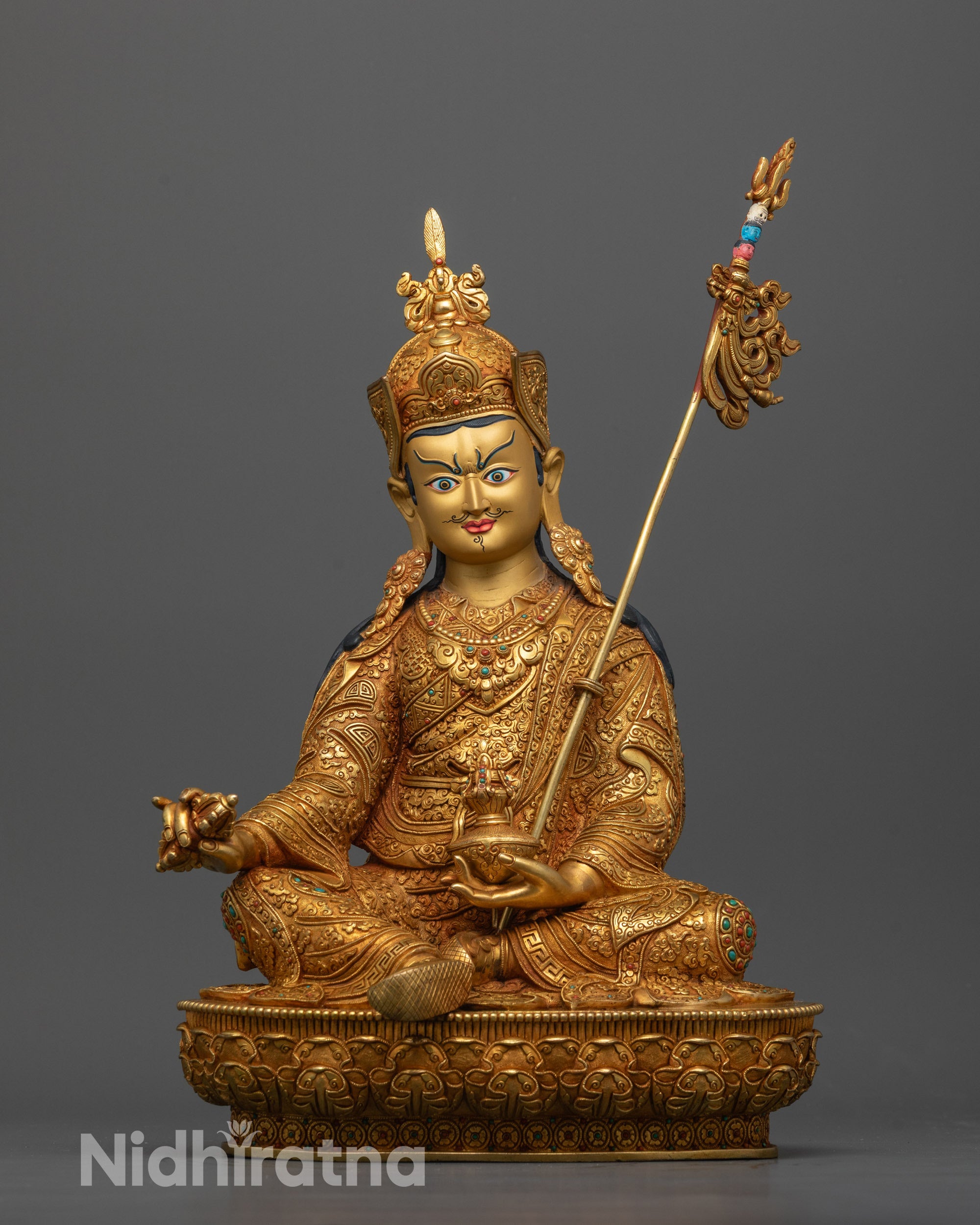 Front view of Padmasambhava Statue with 24K gold face and lotus seat details