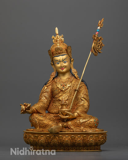 Front view of Padmasambhava Statue with 24K gold face and lotus seat details