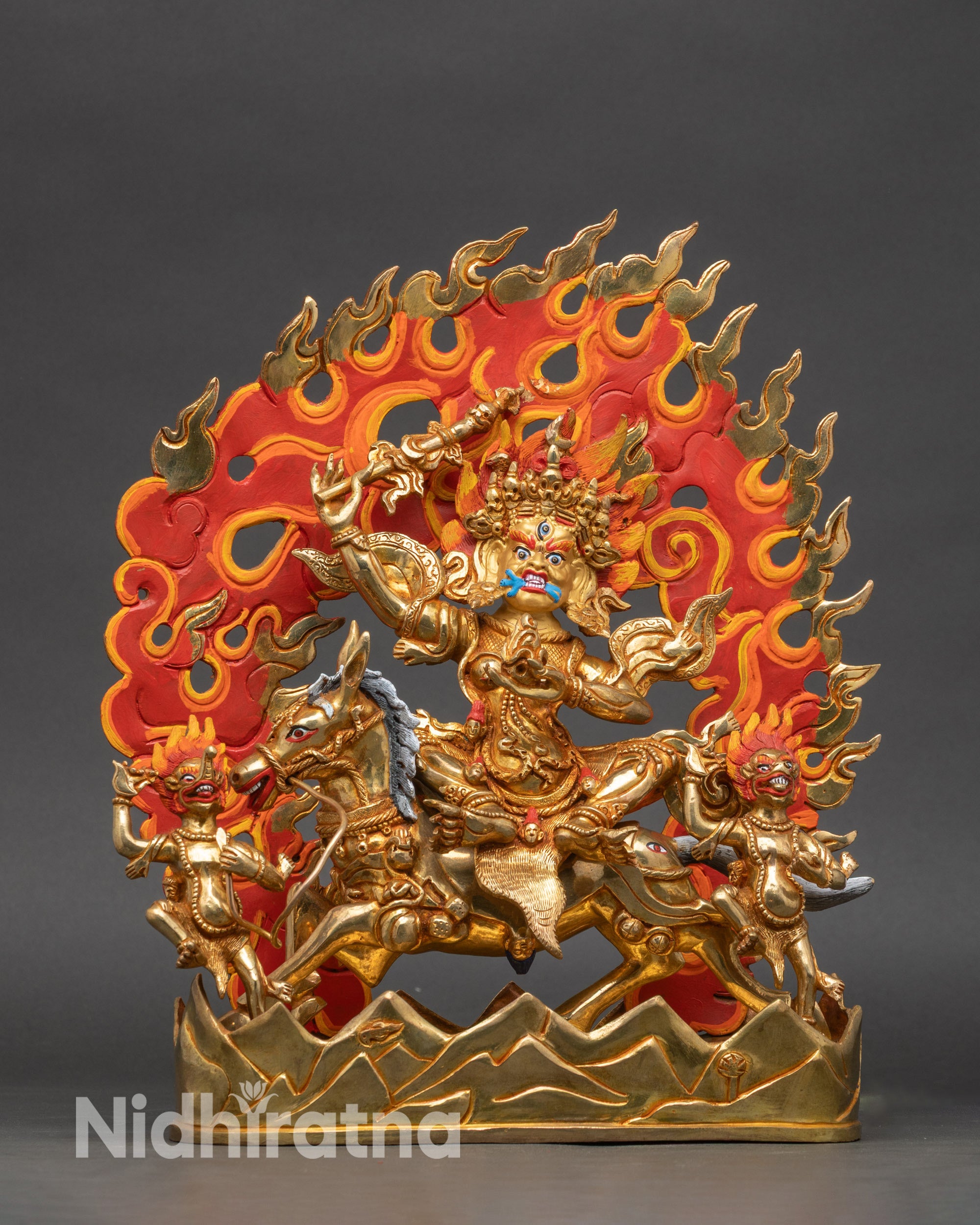 Front view of Palden Lhamo Riding Mule Statue, handcrafted Nepalese Buddhist protector