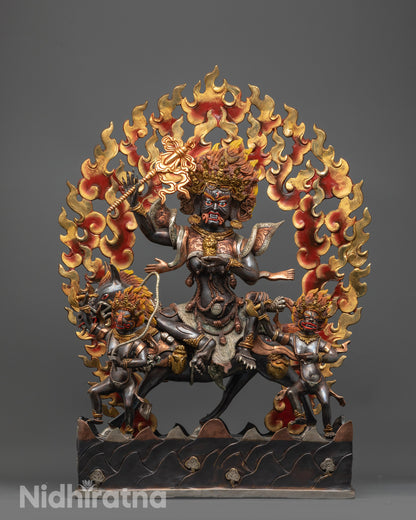 Front view of Palden Lhamo Statue with gold-plated halo and intricate Himalayan craftsmanship