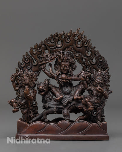 Front view of Palden Lhamo Statue with oxidized copper and sacred trident details