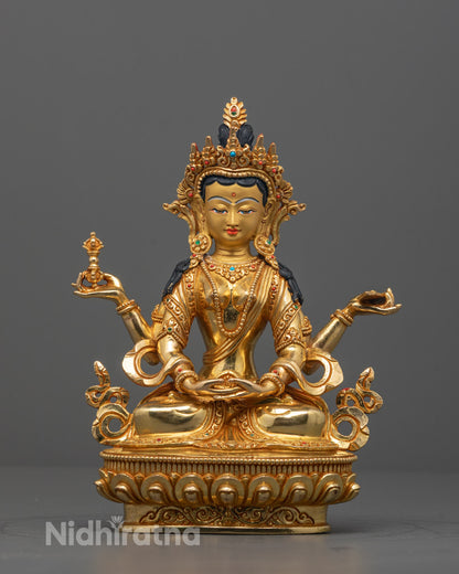 Front view of Praja Paramita statue with 24K gold-gilded face and intricate carvings