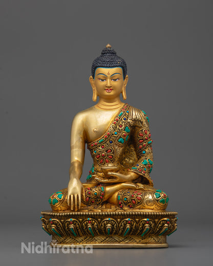 Front view of Premium Buddha Shakyamuni Statue with gold gilding and semi-precious stones
