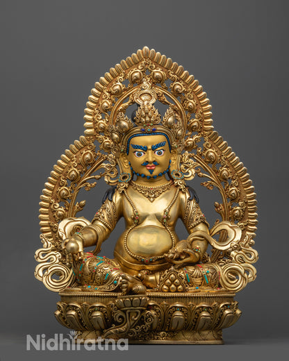 Front view of Premium Dzambhala Statue hand-carved in Nepal with 24k fire gold gilding 