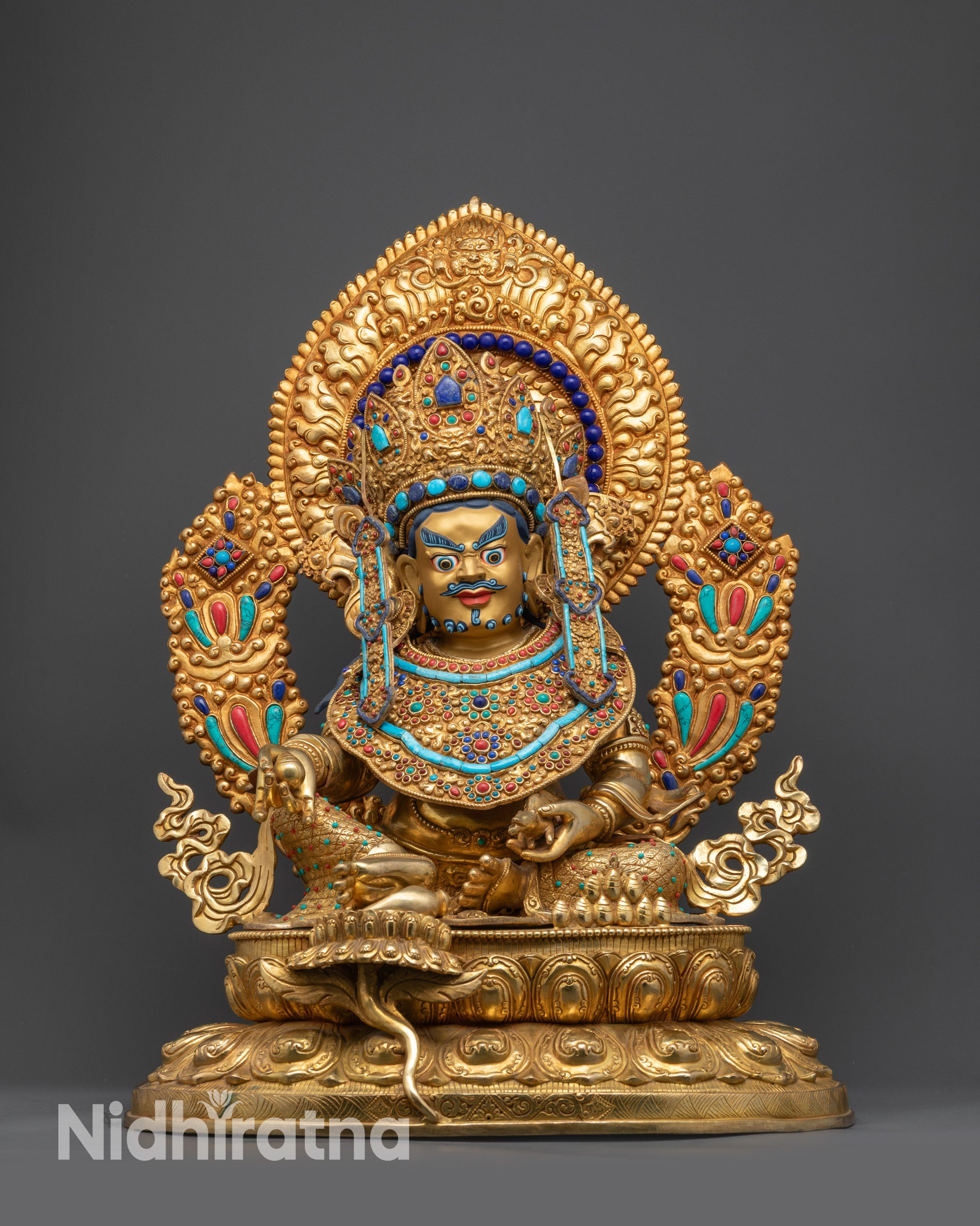 Front view of Premium Dzambhala Statue with 24K gold-gilded face and semi-precious stones
