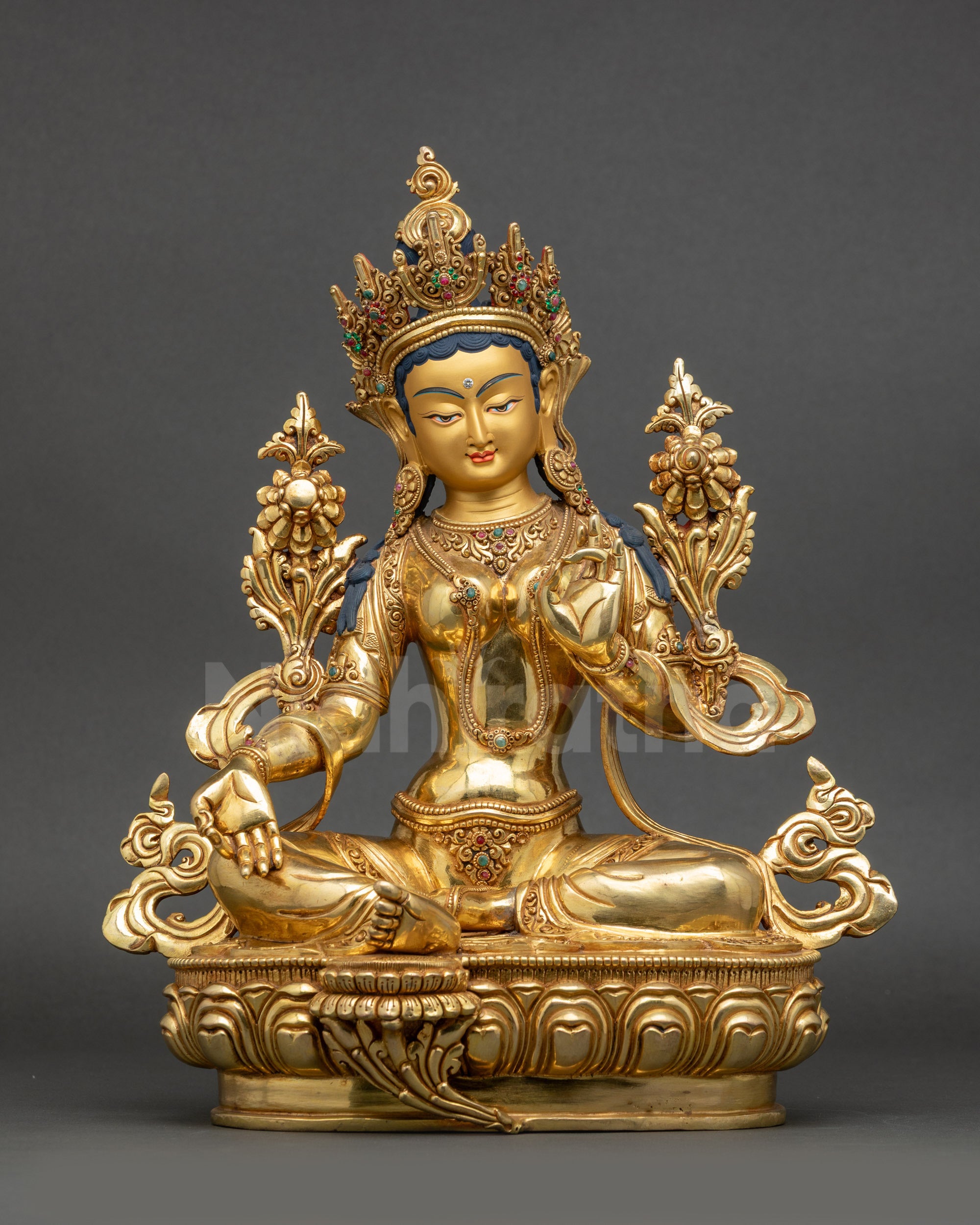 Front view of Premium Green Tara Sculpture seated on lotus with gold crown and adornments
