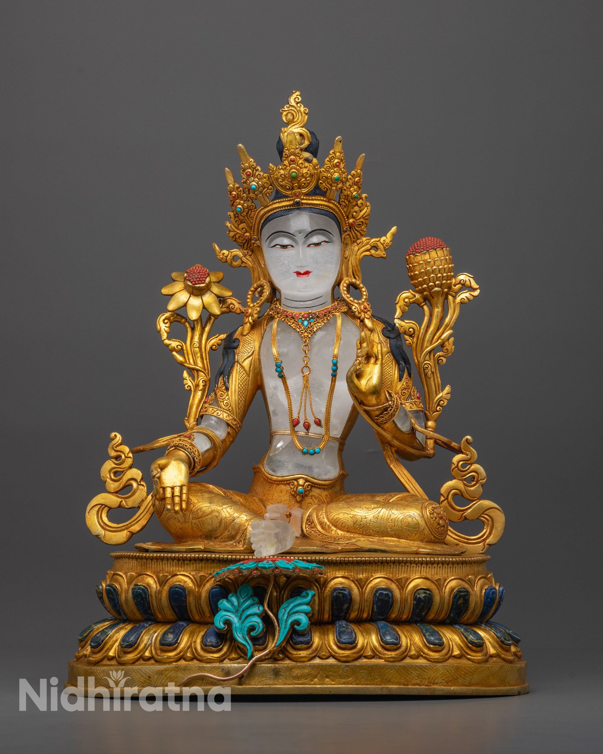 Front view of Premium Green Tara Statue with utpala flower and gemstone lotus throne